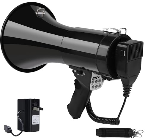 Altoparlante megafono con batteria ricaricabile integrata con registrazione vocale della sirena | Bullhorn forte con microfono staccabile e cinturino | Supporta copertura SD USB fino a 800 metri per