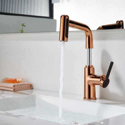 Miscelatore Lavabo con Doccetta Estraibile Oro Rosa Rotazione a 360° Sollevabile Rubinetto Bagno Monocomando in Ottone,Oro Rosa