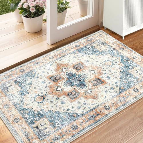 XSIVOD Entryway Rug Indoor Door mat, Blue Small Washable Area Rugs for Kitchen Bathroom Mat, Low Pile Vintage Rug, Non-Slip Bedroom Carpet for Front Door Entrance Welcome Mat, 60 x 90 cm