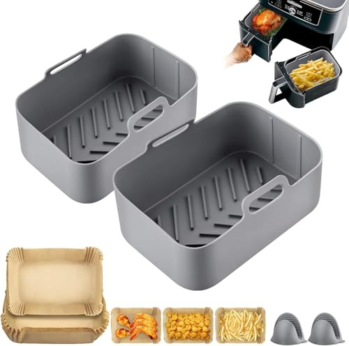 Silicone Air Fryer Liner for Ninja Dual, HOMGEN 2Pcs Reusable Air Fryer Basket Rectangular Silicone Pot Air Fryer Accessories for Ninja AF400UK with Disposable Air Fryer Parchment Paper Liners, Gloves