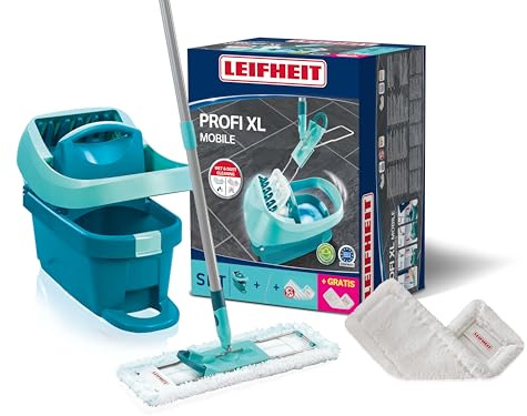 Leifheit Kit Balai Serpillière Seau roulettes Profi XL, Housse SUPERDUSTER | Balai serpillère 42 cm articulation 360°, housse Micro Duo et SUPERDUSTER XL, seau essorage au pied, lavage sols humide, sec