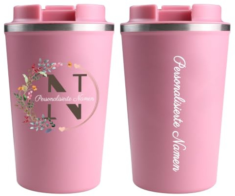 loongway Thermobecher Personalisiert mit Namen & Initiale Edelstahl 380ml | Eigene Initiale & Namensschrift | Für Büro, Pendeln und Alltag | Zwei Trinkoptionen | Persönliche Geschenkidee