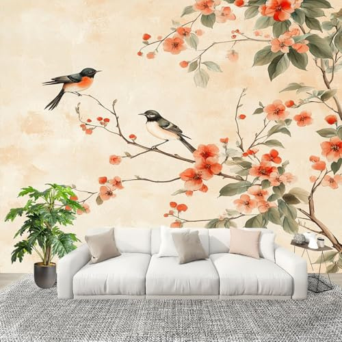 Fiori E Uccelli Acquerellati Carta da Parati Fotografica Panorama Effetto 350x256 cm Beige Decorazione per ​la Casa per Pareti per Camera Da Letto Sala Fotomurali In Tessuto Non Tessuto