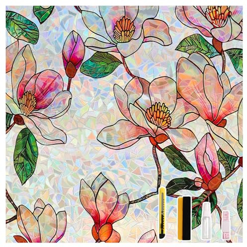 Conkov Fensterfolie Blickdicht Selbsthaftend, Bunt Sichtschutzfolie | Magnolie 90 x 200cm Regenbogen Statisch Haftend Folie Fenster Anti-UV Sonnenschutzfolie für Wohnzimmer Küche