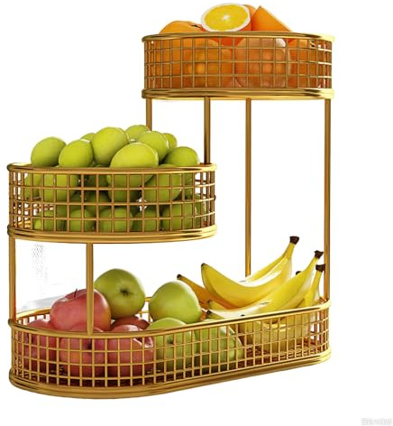 Obstkorb Etagere 3 Stöckig Fruit Basket Obstschale Obstaufbewahrung für Mehr Platz auf der Arbeitsplatte - Hält Obst & Gemüse Frisch - Metall Obstständer (Gold, 34X33X17cm)