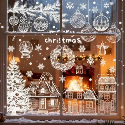 Lot de 9 feuilles d'images autocollantes pour fenêtre de Noël – Décoration électrostatique avec Père Noël et flocons de neige – Réutilisables pour la décoration d'hiver et de Noël (Noël A)