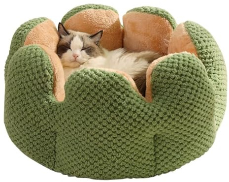 Kattbäddsgrotta för innekatter, kaktusformade bekväma husdjursbäddar, självvärmande kattbäddar ortopediska, tvättbar kattgrotta med halkfri botten för valp och kattunge,Green,M