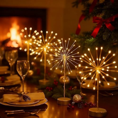FIALAME Nest and Flowers Table Lights, 2026 Upgraded Mini Table Starburst Lights, Battery Operated Firework Light, Christmas Decorations Light for Christmas Party Indoor Decor Gift (3pcs - Warm)