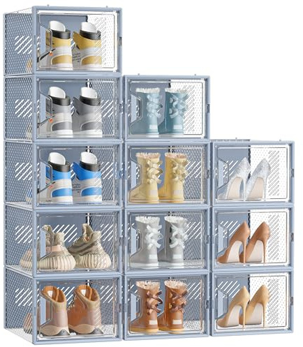SIMPDIY 12 XL Cajas para Zapatos con Puertas de Imán y Palillos Aromáticos | Zapatero Plastico hasta Talla EU 46, Organizador Zapatos Transparentes Apilables, 33,2 × 25 × 18,7cm, Gris