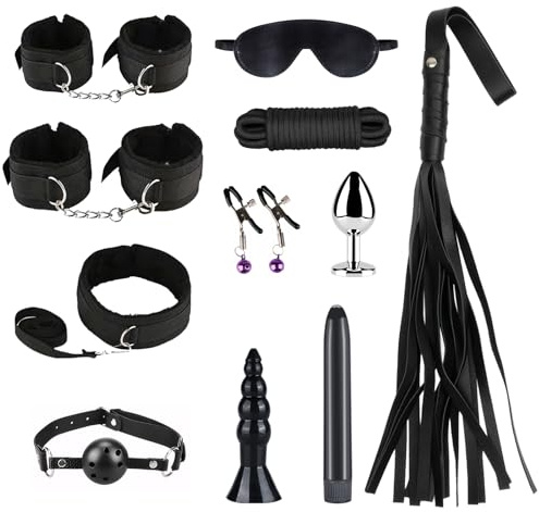 Kit de Bondage BDSM 12 Piezas Qoosea para Parejas – Set de Sujeción Ajustable con Esposas Grilletes para Pies Collar Antifaz Bozal y Accesorios para Juegos Eróticos – Juguetes Sexuales para Adultos