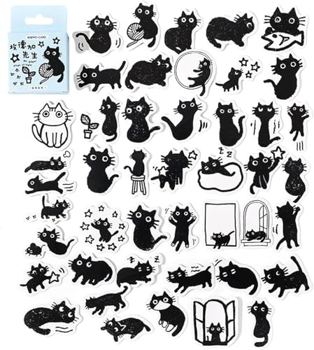 45-Pack Cat Stickers (Permanent Vinyl, Waterproof) – Cute Black & White Cartoon Kitten Decals for Laptops, Water Bottles, Scrapbooks – Recyclable Gift-Ready Packaging for Kids, Teens & Cat Lovers