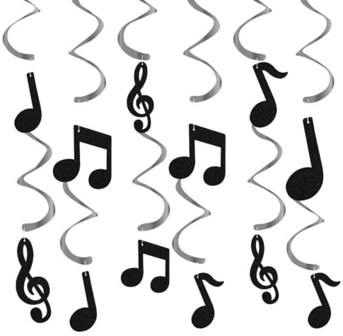 12 Stück Musik Spiral Deko – Noten Spirale Hängedekoration für Decke, Ideal für Geburtstag, Hochzeit, Silvester oder Karneval Partydekoration, Musikalische Motive in Schwarz & Silber