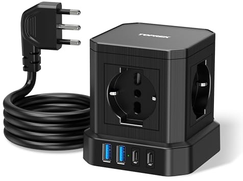 TOPREK Ciabatta Multipresa Cubo con 4 Prese e 4 USB, 1.5 Metri Cavo | 2 USB-C(20W PD3.0 Ricarica Rapida) e 2 USB-A, 4 Universali ITA 10/16A, Presa Multipla con Interruttore, 3680W/16A Spina 90°