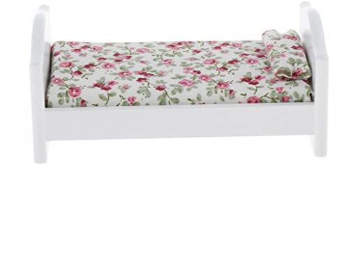 Pegciuho Miniaturmöbel für Puppenhäuser: Einzelbett mit Blumenmuster Zur Dekoration Im Maßstab 1:12.