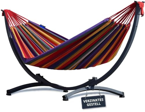 Potenza Hängematte mit Gestell I Stabiler Rahmen 200kg - 250cm Balkon I Hängematte 200x120cm I Indoor Outdoor Garten Pool Terrasse Stahl (Verzinktes Gestell Graphit, Rot)