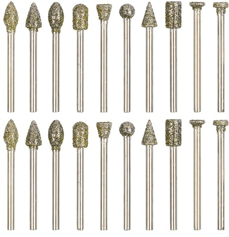 20Pcs Diamond Grinding Burr Bits Set, 1/8 Inch Shank Rotary Tool Accessories for Stone Glass Ceramics Wood Carving, Polishing, Engraving, Die Grinder Bits