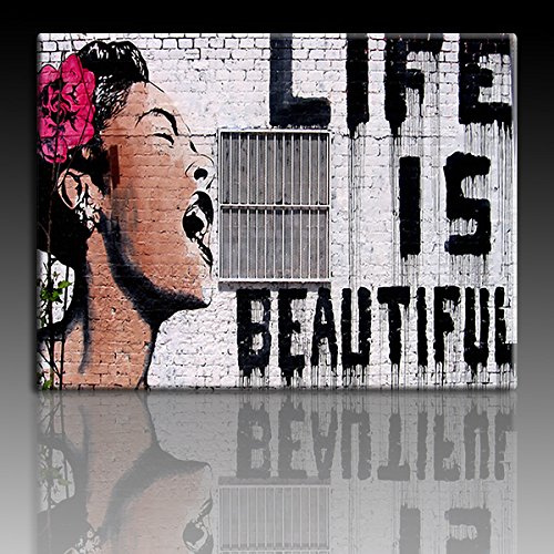 Druck auf leinwand Banksy Graffiti - Bild Life is beautiful ! (div. größen) Bild fertig auf Keilrahmen ! Pop Art Gemälde Kunstdrucke, Wandbilder, Bilder (80x120cm)