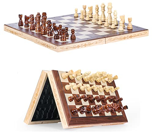 Syrace Schachbrett Schachspiel Schach aus Holz, zusammenklappbar handgefertigt Magnetisches Große Schachspiel für Kinder und Erwachsene Gut für Drinnen Draußen und Reisen Magnetischem