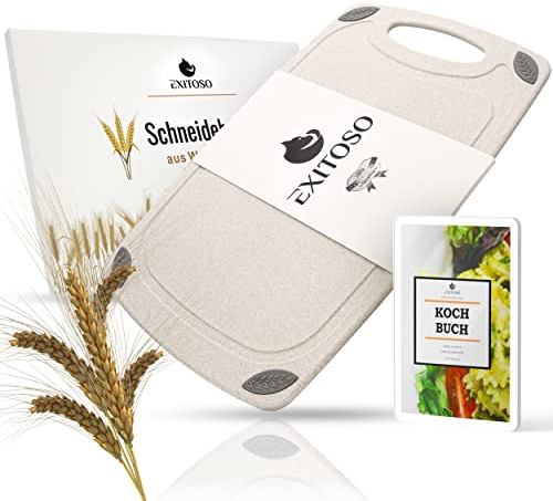 EXITOSO Das Original Schneidebrett aus PP-Material & Weizenstroh, Saftrille und Griff, Frankfurter Brett, Spülmaschinenfest und antibakteriell Brotbrettchen, Schneidbrett 32x20