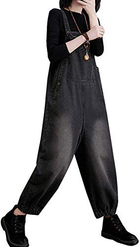 Lazutom Donne Casual Baggy Loose Denim Jean Salopette Harem Pantaloni Nero 42