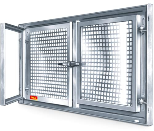 MEALIT: Fenster aus verzinktem Stahl, Doppelflügel + feststehendes Mittelstück, Breite 99 cm, Höhe 59 cm, Entriegelungsschloss, PVC-Griff + Verankerungslaschen, einbruchhemmend