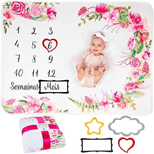 ODOXIA Couverture Etape Bébé en Français | Tapis Mois Bebe Garçon Ou Fille, Unisexe | Thème Fleurs, Feuilles | Cadeau Baby-Shower Personnalisé Jeunes Mamans | Tapis Photo Bebe | Doux, Confortable