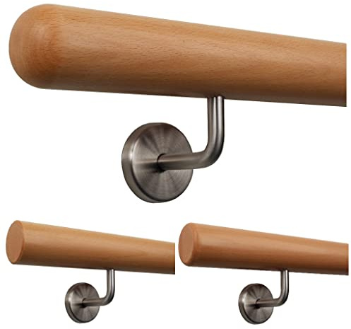 TIBU Handlauf Holz Buche Ø 50 mm Geländer Treppe 0,3m - 5m, Länge 150 cm und Enden Halbkugel gefräst