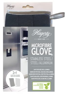 Hagerty Microfiber Glove Stainless Steel Mikrofaserhandschuh 23 x 13 cm I Reinigungshandschuh für Oberflächen aus Stahl gebürstetem Stahl Chrom Aluminium Inox I Kratzfrei & Fusselfrei I Ohne Chemie