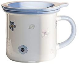 GUOQUN-SHOP Mugs Céramique Coupe avec Couvercle cuillère Tasse ménage Eau Tasse Femme Femme Japonais Lait Tasse Couple Couple Tasse de Petit déjeuner Girl Floral Tasse Tasse à café (Color : Blue)