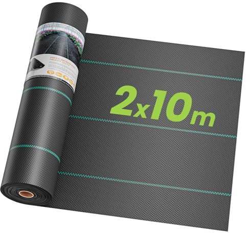 OUNUO 2mx10m Unkrautvlies Gartenvlies gegen Unkraut, Reißfestes Unkrautfolie Wasserdurchlässig Unkrautgewebe 90g/m², Rolle Bändchengewebe Hohe UV-Stabilisierung