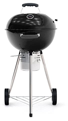 KEKAI Yellowstone - Barbacoa de carbón portátil con ruedas (58 x 47 x 100 cm, acero inoxidable, redondo, con tapa protectora, encendedor de fuego, acabado esmaltado negro