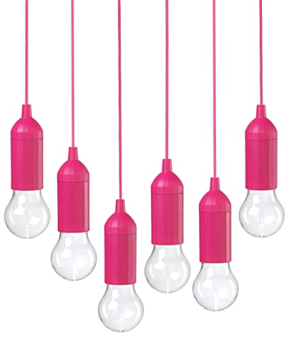 Auraglow Battery Operated Outdoor Pendant Pull Cord Rope LED Lights – Ideal for Garden Parasol, Gazebo, Pergola or Indoor - Pink - 6 Pack