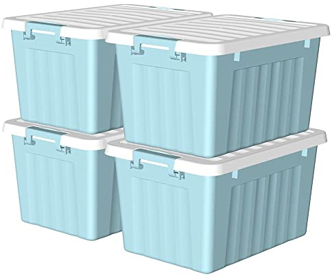 Cetomo 15L*4 Scatole di Stoccaggio con Coperchi, Contenitori in Plastica con Fibbie di Chiusura, Clip On, Impilabili, Incastonabili, Organizzatore a Righe per Casa Ufficio, Blu, 15L-4 Pezzi