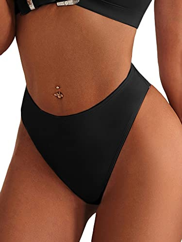 GORGLITTER Women's High Cut Bikini Bottom Stretchy Solid Beachwear Swimsuit Brief Panty Black L
