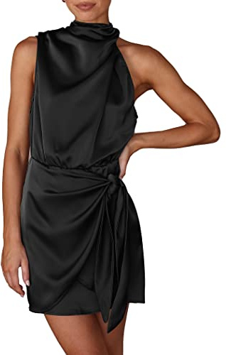 PRETTYGARDEN Women's Short Formal Satin Dress Summer Sleeveless Mock Neck Tie Waist Cocktail Party Dresses (Black,Large)