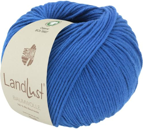 LANA GROSSA Landlust Baumwolle | Klassisches Bio-Baumwollgarn, Gots zertifiziert | Handstrickgarn aus 100% Baumwolle (Bio) | 50g Wolle zum Stricken & Häkeln | 115m Garn FB 12 Blau