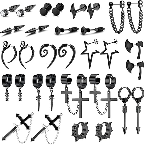 Morfetto 16 Paar Edelstahl Ohrringe Schwarze Für Herren Damen - Hypoallergen Creolen Ohrringe Kreuz Baumelnde Ketten Ohrstecker Creolen Schmuck Piercing Set