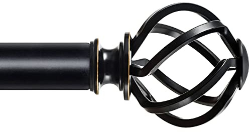 KAMANINA Black Curtain Rod 32 to 58 inch(2.6-4.8ft), 1 inch Adjustable Single Curtain Rods for Windows 28 to 48 inch, Decorative Drapery Rod with Twisted Cage Finials