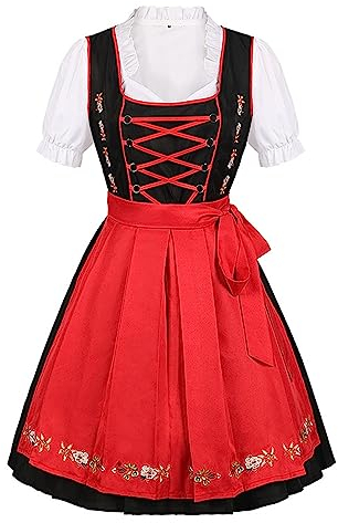Dirndl Damen Hochgeschlossen Trachtenkleid Midi Dirndlkleid Schwarz Trachten Kleid Rot Schürze Dirndel Trachtenmode Dirndelkleider Dirndl & Dirndl-Sets für Frauen Mädchen Oktoberfest