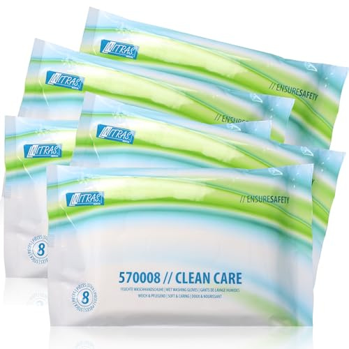 Nitras Clean Care Feuchte Einmal Waschhandschuhe mit Aloe Vera & Kamille für Gesicht, Körper, Hände - 8 besonders weiche & erwärmbare Tücher Größe 23 x 14 cm (5)