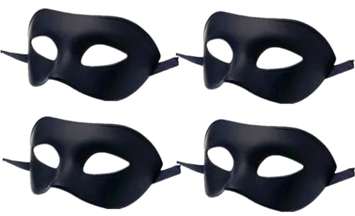 LECMACY Lot de 4 masques de bal masqué pour homme et femme, en plastique hautement élastique, pliable, couleur unie, convient à tous les bals de fin d'année, noir
