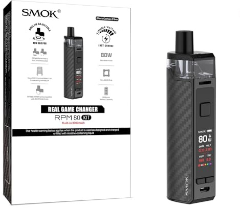 SMOK RPM80 80W Mod Pod Vape Kit Fibra de Carbono Negro, Ultra Capacidad de Batería 3000mAh, Vaporizador Potente 80W, Chipset Avanzado IQ-80, 5ml Top-Filling, Cigarrillo Electrónico Sin Nicotina