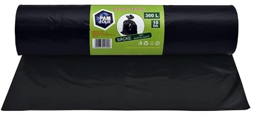 PAM-FOLIE Sacchi della spazzatura universali, 360 l, 10 pezzi, XXL, grandi, forti, spessi, base, 120 x 150 cm, 35 µm, sacchetti neri per la spazzatura, robusti sacchetti per la spazzatura
