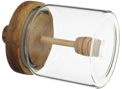 Amosfun Glass Honey Jar with Wooden Lid and Spoon Airtight Honey Pot Container 400ml Storage Jar for Syrup Salt Sugar Home Kitchen