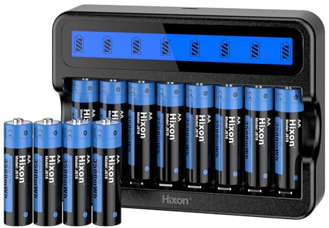 Hixon Wiederaufladbare AA Lithium Akku, 12er-Pack mit 8-Slot Schnellladegerät, Langlebige 3500mWh 1,5V Lithium AA Akku, Hoher Entladerate Li-ion Batterien AA
