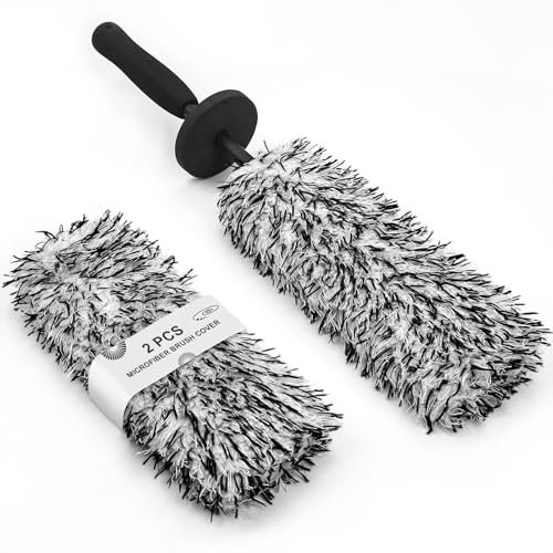 Toripor Microfiber Wheel Cleaning Brush with Car Detailing Brush, Flat & Long Handle Tire Cleaner Brush Tool Kit for Auto Truck Motorcycle Wheel Barrel Spoked Rims Scratch Free Washing