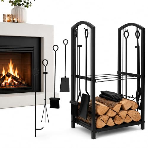 Mucola Kaminholzregal Brennholzregal mit Kaminbesteck 46x31x74 cm Schwarz | Feuerholzständer mit 2 Ablageflächen, rostbeständiges Metall, belüftete Holzlagerung, inkl. 4-teiligem Kaminwerkzeug
