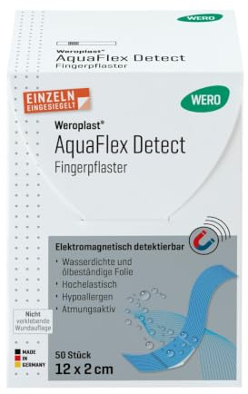 WERO Weroplast® AquaFlex Detect Fingerpflaster 12 x 2 cm, 50 Stk/Pkg | elektromagnetisch detektierbar, elastisch und wasserdicht, einzeln eingesiegelt