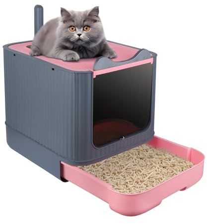 OHMG Arenero Gato Cerrado con Doble Entrada,Caja de Arena para Gatos Cubierta, Arenero Gatos con Bandeja Extraíble y Pala,Arenero para Gatos de Fácil Limpieza