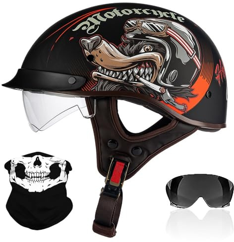 RHBDDHV Retro Motorrad Halbhelme, Motorradhelm mit ECE Zertifiziert, Vintage Deutscher Stil Jethelm mit Visier, Halbschalenhelm Damen und Herren, für Biker Chopper Cruiser Roller Scooter